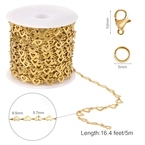 SMYHTGLIF 5 Meters Heart Chain for Jewelry Making Stainless Steel Chain | Permanent Jewelry Chain Bulk Craft Chain Roll with Jewelry Findings - color: Heart Gold