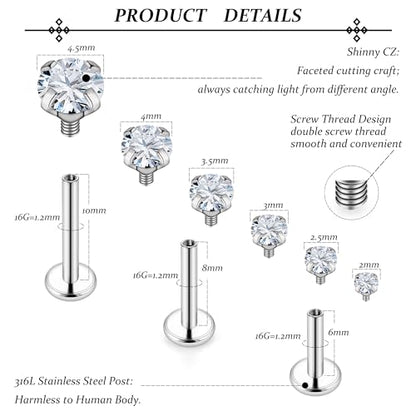 16G Lip Rings Stainless Steel Tragus Helix Conch Piercing Jewelry Snake Bite Piercing Monroe Lip Rings Labret Medusa Cartilage Lobe Earrings Piercing Jewelry CZ 2MM 2.5MM 3MM 3.5MM 4MM 4.5MM - color: 6MM 8MM 10MM Bar-Silver,2mm/2.5mm/3mm/3.5mm/4mm/4.5mm