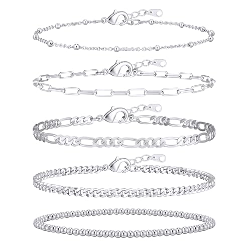 Gold Bracelets for Women, 14K Gold Plated Stackable Bracelet Stack Set Adjustable Charm Paperclip Chain Cuban Link Layered Waterproof Jewelry Sets Gifts for Womens 6.5 Inch - color: Silver-A 6.8 IN