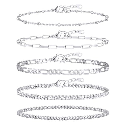 Gold Bracelets for Women, 14K Gold Plated Stackable Bracelet Stack Set Adjustable Charm Paperclip Chain Cuban Link Layered Waterproof Jewelry Sets Gifts for Womens 6.5 Inch - color: Silver-A 6.8 IN