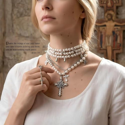 Layered Faux Pearl Cross Choker Necklace for Women, Silver-Tone | Zinc alloy stacked gothic jewelry, adjustable extended chain, vintage Y2K emo punk style accessories