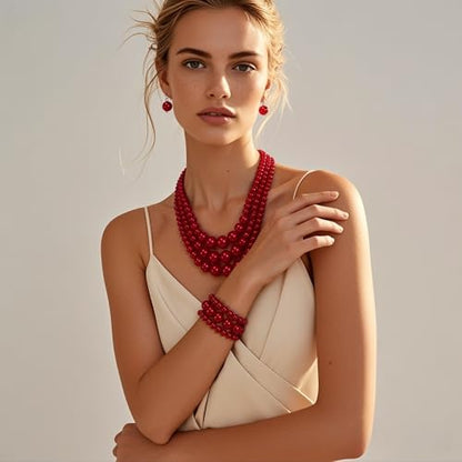 KOSMOS-LI Women's 3 Layer Simulated Pearl Statement 18" Necklace Bracelet and Earrings Jewelry Set Stocking Stuffers - color: red