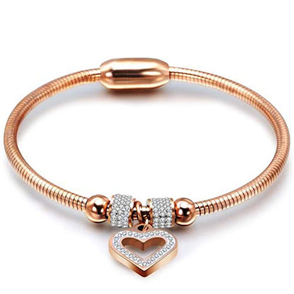 Jude Jewelers Stainless Steel Heart Charm Cubic Zircon Anniversary Valentine Bangle Bracelet - color: Rose Gold
