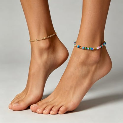 Ankle Bracelet for Women Natural Stone Colorful Beaded Boho Layered Anklet 14K Gold Plated Adjustable Beads Chain 2Pcs Anklets Set Handmade Summer Beach Jewelry - color: Irregular Chips