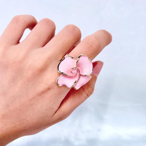 Kokoma Elegant Pink Enamel Rose Flower Ring for Women, Adjustable Open Band Floral Statement Wedding Promise Band Ring Fashion Jewelry