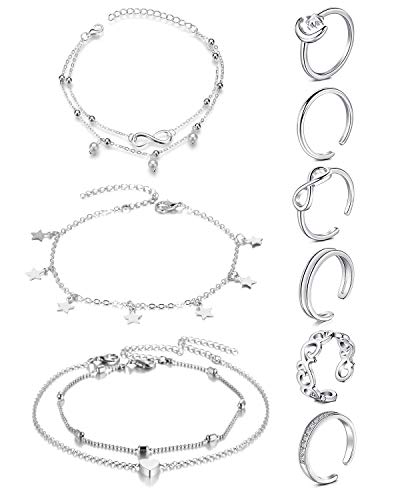 JFORYOU Toe Rings for Women Adjustable Open Toe Rings with Anklet Set CZ Flower Toes Ring for Summer Beach Foot Jewelry - color: Toe Rings and Anklet A -silver