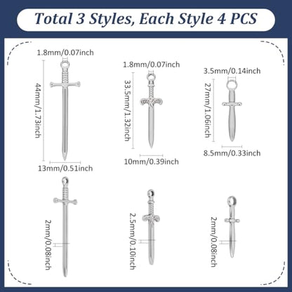 UNICRAFTALE 12Pcs 3 Styles 304 Stainless Steel Sword Charm Dagger Metal Pendants Antique Silver Swords Blade Charms for DIY Bracelet Earrings Necklace Jewelry Making, Hole 1.8-3.5mm
