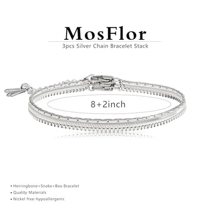 Mens Bracelet - Dainty Gold/Silver Chain Bracelet Stack 14K Gold Plated Silver Bracelets for Men Stainless Steel Adjustable Cross Charm Cuban Link Bracelet Snake Jewelry Set to Men Dad Birthday Day - color: Silver, size: 8+2 inch