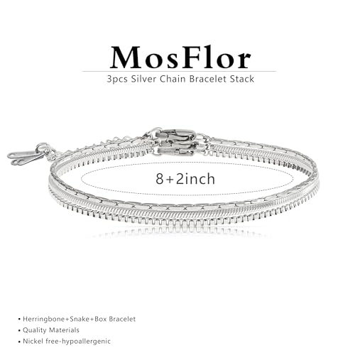 Mens Bracelet - Dainty Gold/Silver Chain Bracelet Stack 14K Gold Plated Silver Bracelets for Men Stainless Steel Adjustable Cross Charm Cuban Link Bracelet Snake Jewelry Set to Men Dad Birthday Day - color: Silver, size: 8+2 Inch