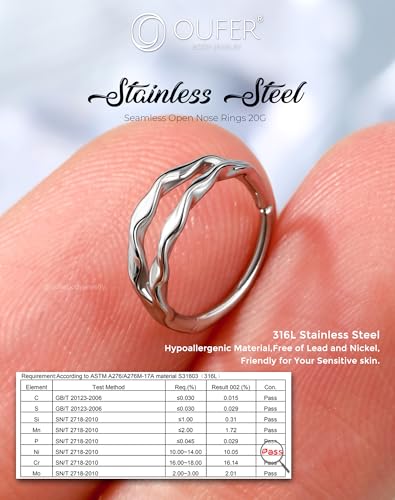 OUFER Nose Rings Silver, 20G Double Hoop 8MM Nose Rings, Seamless Stainless Steel Rook Daith Piercing Jewelry for Women & Men - style: Style8-Double Water