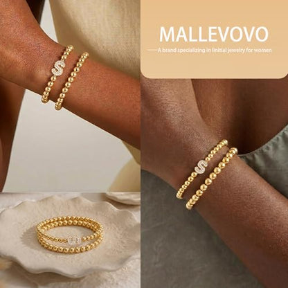 Initial Stack Bracelet Set for Women Trendy 14K Gold Plated Beaded Stackable Stacking Stretch Name Bracelets Dainty Friendship Waterproof Charm Cute Birthday Jewelry Gifts for Women - color: Initial S