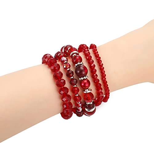 Noessla Beaded Boho Stretch Bracelet Colorful Stackable Crystal Beads Bracelets Trendy Costume Jewelry Mothers Day Gifts for Women - color: 21-Red