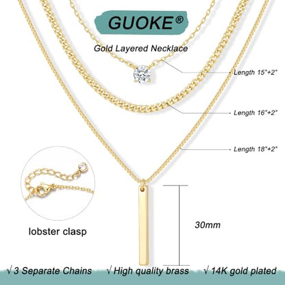 Gold Necklace Stack, Layered Gold Necklaces for Women Jewelry Set | 14K Gold Plated, Separate Chains, Pendant, Dainty, Non Tarnish, Delicate, Chain, Multi, Gift - color: 3 Layer-Bar Gold