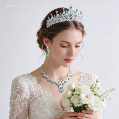 Kamirola Tiaras and Crowns for Women,Tiaras Earrings Necklace, Crystal Bridal Jewelry Set, Costume Jewelry for Women Party Halloween Prom Pageant - color: Silver Lace Blue