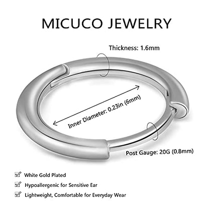 micuco Small Hoop Earrings for Women, Tiny Cartilage Hoop Earrings for Men | Helix Daith Tragus Ear Hugging Hoop Earrings Sleeper Hypoallergenic Earrings - style: B3: 6mm White Gold (1 Pair)