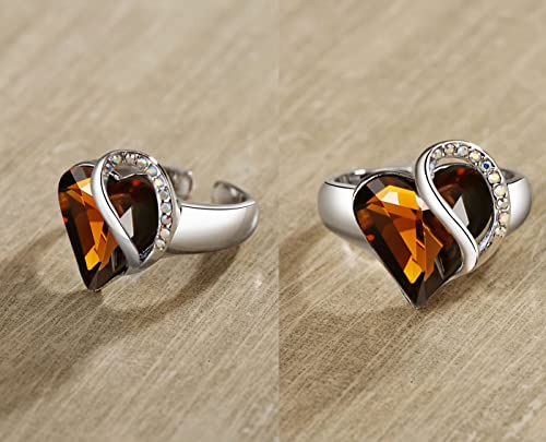 Leafael Infinity Love Women's Adjustable Crystal Heart Ring with Birthstone Crystals Healing Stones, Jewelry Gifts for Women, Birthdays Valentine's Day, Silver-Tone, Open End, Size 6.5-8 - color: 16e-November-Stress Relief-Dark Topaz Brown