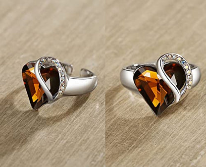 Leafael Infinity Love Women's Adjustable Crystal Heart Ring with Birthstone Crystals Healing Stones, Jewelry Gifts for Women, Birthdays Valentine's Day, Silver-Tone, Open End, Size 6.5-8 - color: 16e-November-Stress Relief-Dark Topaz Brown