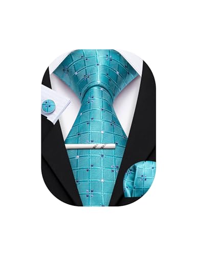 YOHOWA Men Plaid/Striped Ties Clip Set Silk Necktie Pocket Square Cufflinks | Woven Classic,Formal/Casual Mens Tie,Pocket Square Cufflinks Set,Luxury,Business,Wedding,Party,Prom,Graduation - color: Aqua