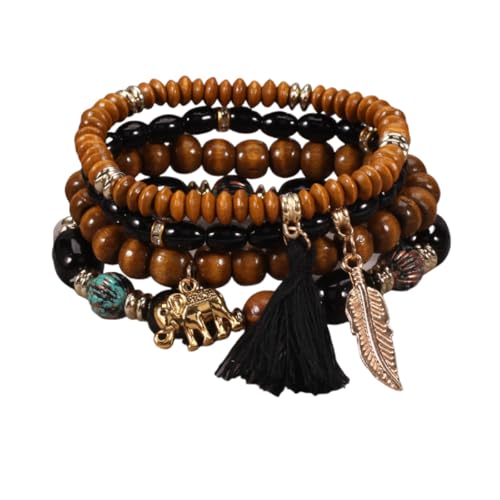 4Pcs Bohemia Multilayer Stackable Elephant Leaf Tassel Bracelets Colorful Wooden Resin Beaded Stretch Bracelets for Women Men Summer Beach Boho Vacation Hawaii Jewelry Gifts - style: StyleE