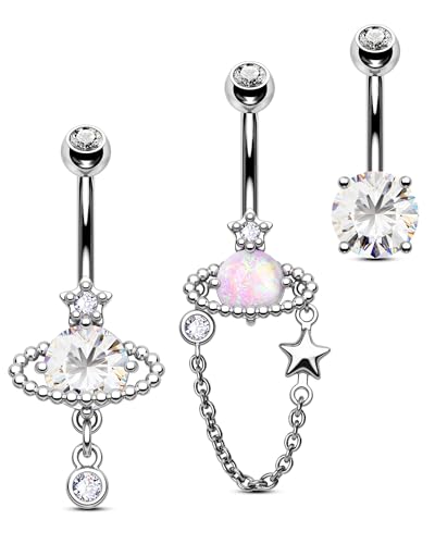 Jewseen 3PCS Belly Button Ring Dangle Surgical Steel Zircon Opal Moon Star Planet Space Design Navel Ring 14G Curved Barbell Fashion Piercing Jewelry - color: planet
