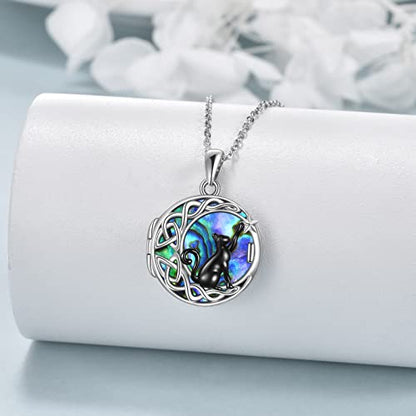 925 Sterling Silver Moon Black Cat Necklace for Women Cat Jewelry - style: I-Custom Black Cat Abalone Locket