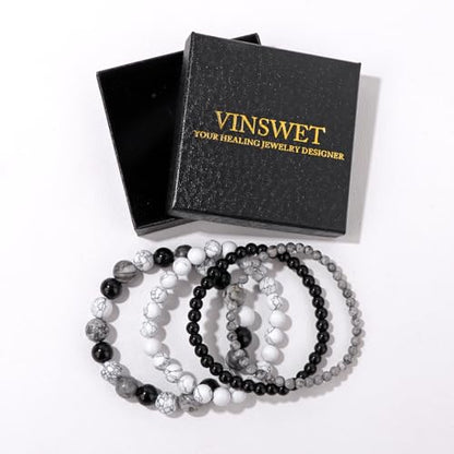 Vinswet 4pcs Beaded Bracelets for Women,Natural Healing Crystal Gemstones Bracelet,Anxiety Stress Relief Bracelet Handmade purple Jewelry Gifts for Women - color: Map stone&Black agate&White turquoise