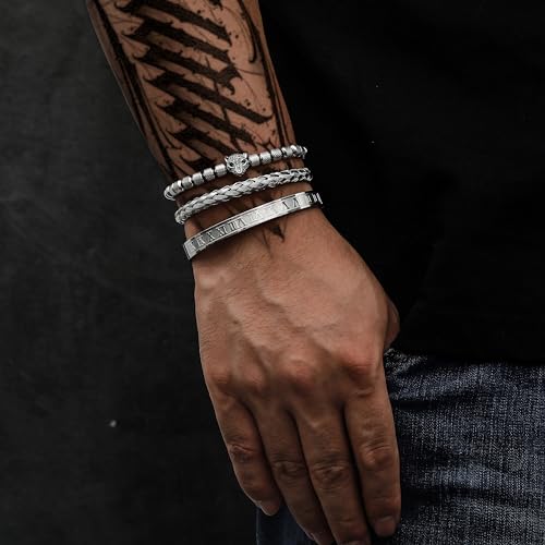 WFYOU 3PCS Stainless Steel Imperial Crown Bracelets for Men Gold Roman Numeral Bangle Bracelet Adjustable Cuff Bracelet Mens Luxury Jewelry Gifts - style: 12:Silver-CZ Leopard Head