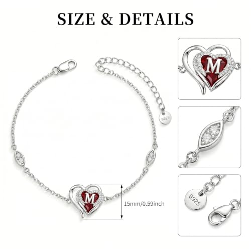 Initial Bracelet for Women 925 Sterling Silver Heart Angel Wings Initial Bracelet Anniversary Birthday Mothers Day Jewelry for Mom Her Wife - color: M