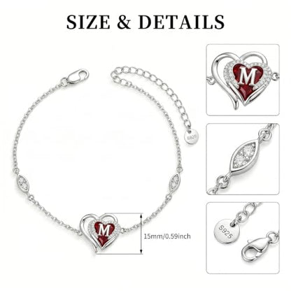 Initial Bracelet for Women 925 Sterling Silver Heart Angel Wings Initial Bracelet Anniversary Birthday Mothers Day Jewelry for Mom Her Wife - color: M