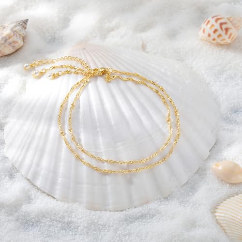 Gold Anklet Set for Women, Layered Beach Anklets | Layered gold-tone ankle bracelets, designed for beach days, vacations, and summer wear - style: Gold Anklet 4