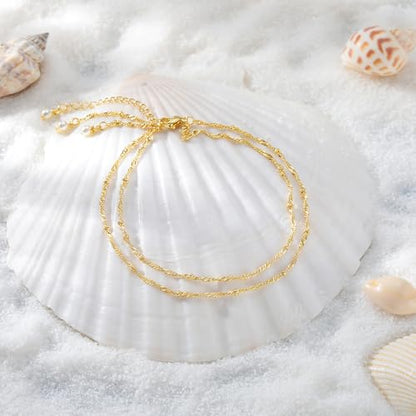 Gold Anklet Set for Women, Layered Beach Anklets | Layered gold-tone ankle bracelets, designed for beach days, vacations, and summer wear - style: Gold Anklet 4