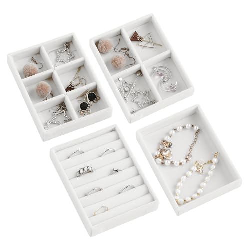 Frebeauty Small Jewelry Organizer for Drawer,Set of 4 Velvet Jewelry Trays | Jewelry Box Inserts,Drawer Inserts,Vanity Drawer Organizer,Mini Size,Stackable Earring Organizer,Adjustable Dividers - color: White, size: Set 4