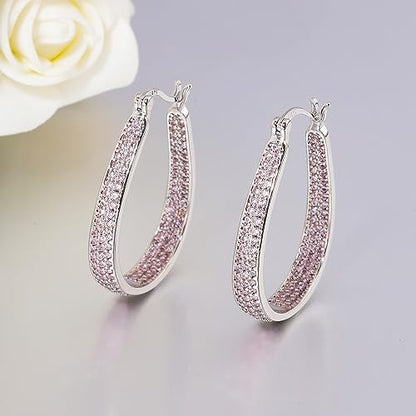 925 Sterling Silver Post Hoop Earrings for Women Gilrs Multcolors Cubic Zircon Hoops 14K Gold Plated Oval Chunky Hoop Earrings Jewelry Gift for Mothers Day/July 4th/Wedding/Party/Christmas - color: Light Pink