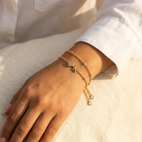 Gold Plated Layered Initial Charm Bracelet for Women - Personalized A-Z Letter Jewelry with Satellite Chain, Adjustable Bracelet Gift for Her, Everyday Wear - color: Gold-K