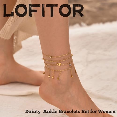LOFITOR Anklets for Women Ankle Bracelet Charm Link Chain Set Foot | Waterproof Dainty Cz Evil Eye Beaded Anklets Adjustable Beach Foot Jewelry Feet Chains, Summer Beach Foot Jewelry Gifts - style: Butterfly Gold
