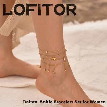 LOFITOR Anklets for Women Ankle Bracelet Charm Link Chain Set Foot | Waterproof Dainty Cz Evil Eye Beaded Anklets Adjustable Beach Foot Jewelry Feet Chains, Summer Beach Foot Jewelry Gifts - style: Butterfly Gold