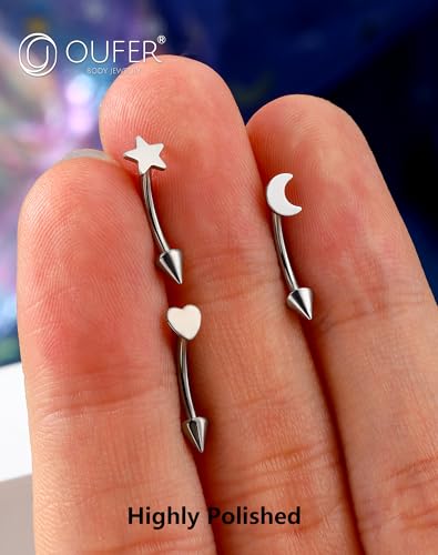 OUFER Rook Piercing Jewelry, G23 Solid Titanium Eyebrow Rings, Heart Vertical Labret Lip Jewelry, 16G Curved Barbells, Daith Rook Earrings for Women Men - color: Silver 3pack, size: 16G 8mm
