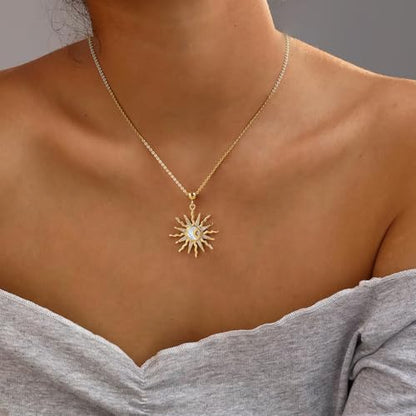Dainty 14k Plated Gold Sun Necklace for Women, Trendy CZ Sunburst Pendant Necklace Non Tarnish Jewelry for Gifts - style: Shell