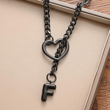 sroyte Black Heart Slip Chain Initial Necklaces for Women,Stainless Steel O-Ring Adjustable Lariat Heart Y-Necklace,Punk Gothic Cuban Collar Choker Necklace for women - color: Black F