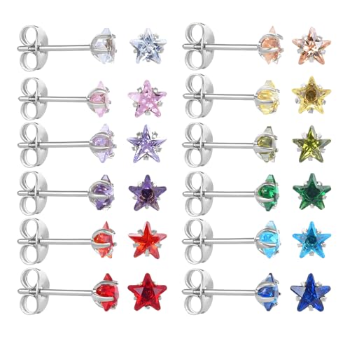 12 Pairs Surgical Stainless Steel Stud Earring Round Heart Star Square Cubic Zirconia Birthstone Stud Earrings Set for Women - color: Silver star 5mm