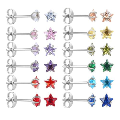 12 Pairs Surgical Stainless Steel Stud Earring Round Heart Star Square Cubic Zirconia Birthstone Stud Earrings Set for Women - color: Silver star 5mm