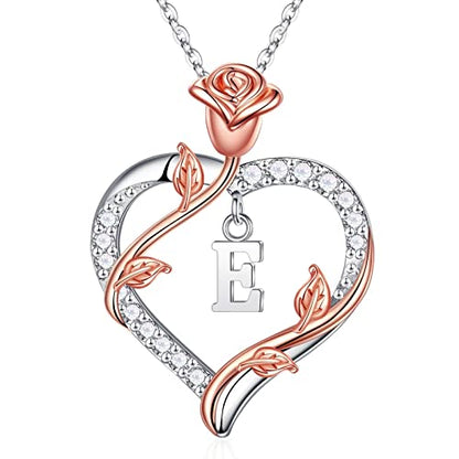 Iefil Anniversary Birthday Gifts for Women, Rose Heart Initial Necklace | Gift Box Packaging, 925 Sterling Silver, Jewelry Gifts for Women Her Wife Mom Girlfriend, Initial A-Z, 19+2inches - color: IEFIL JEWELRY BOX, style: E