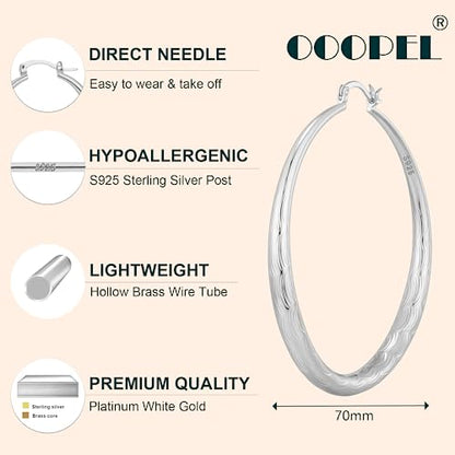 OOOPEL 925 Sterling Silver Hoop for Women Gold Hoop Earrings Hypoallergenic Diamond-Cut Ripples Designed - Non Tarnish Large Hoop Earrings(30/40/50/60/70mm) - color: Silver-70mm