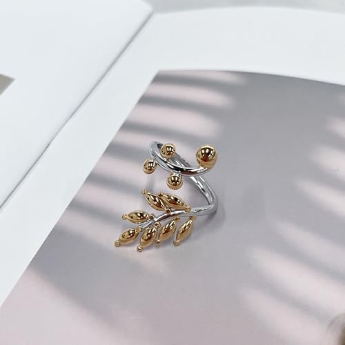 OIDIMS Leaf Statement Rings for Women Stainless Steel Gold-Tone Plated Adjustable Open Finger Band Fashion Plant Branch Leaves Wrap Thumb Ring Boho Stylish Daily Wear Holiday Fashion Jewelry - color: 2-Tone