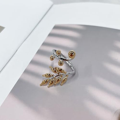 OIDIMS Leaf Statement Rings for Women Stainless Steel Gold-Tone Plated Adjustable Open Finger Band Fashion Plant Branch Leaves Wrap Thumb Ring Boho Stylish Daily Wear Holiday Fashion Jewelry - color: 2-Tone