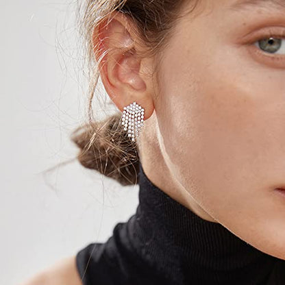 Luxval Rhinestone Earrings Dangling for Women Sparkly Silver Dangle Earrings Girls Long Chandelier Earrings Tassel Lightweight Ear Studs Cubic Zirconia Crystal Statement - color: Silver-Short Tassel Crystal