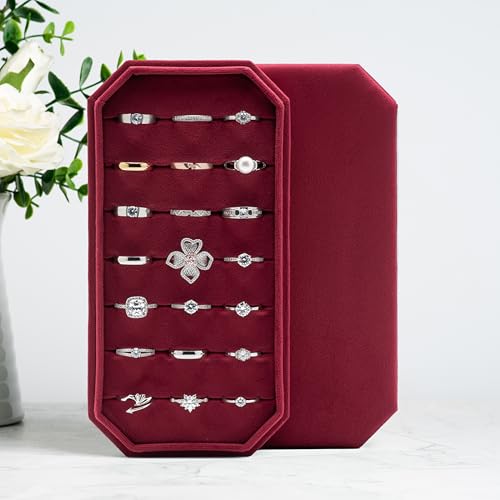 Velvet Ring Organizer Display Tray Jewelry Box Earring Holder Case | for Wedding Birthday Christmas Day (Red) - color: Red