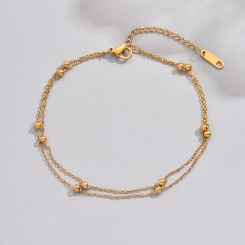 18K Gold Plated Boho Beaded Anklets for Women Dainty Gold Layered Round Ball Ankle Bracelet Pearl Cross Anklet Bracelet Waterproof Gold Jewelry - color: 2Layered Beads-Gold
