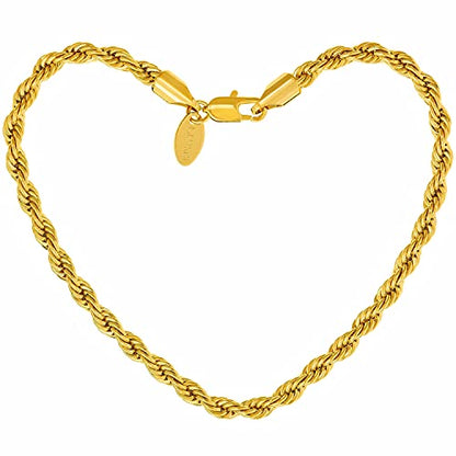 LIFETIME JEWELRY Womens Gold Anklet 5mm Rope Chain Ankle Bracelet 24k Real Gold Plated - color: Gold