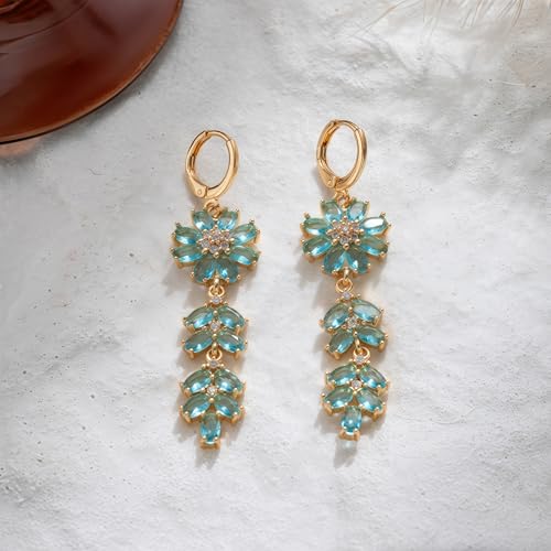 18K Gold Plated Flower Dangle Earrings for Women, Hypoallergenic Cubic Zirconia Earrings, Elegant CZ Drop Earrings, Statement Jewelry Gifts Party Fashion - style: 5297-Flower-Blue